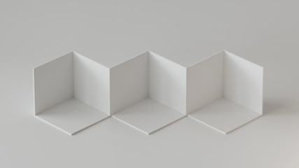 White cube boxes backdrop display on white background. 3D rendering.