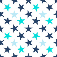 Obraz premium Seamless pattern with navy blue, turquoise stars on white background. Geometrical background. Vector illustration.