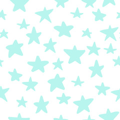 Cute seamless pattern with hand drawn baby blue stars on white background. Sky background. Vector illustration.