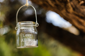 Frasco de cristal colgando de árbol con la frase: Love is all you need