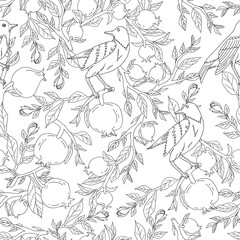 Seamless pattern with hand drawn pomegranates on branches with leaves and nightingales vector illustration