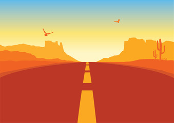 American road in desert landscape. Vector Arizona prairie background