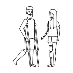 man in crutches with woman with prosthesis
