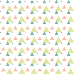 Triangular green, pink, blue, white geometric seamless pattern. Abstract geometrical background of triangle, delta, trigon. Modern stylish texture. Repeating tiles from triangles. Vector.