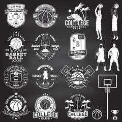 Set of basketball college club badge on the chalkboard. Vector. Concept for shirt, print, stamp or tee. Vintage typography design with crocodile and basketball ball silhouette.