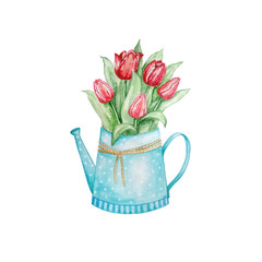 watercolor watering can with tulips