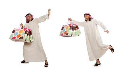 Arab man with shopping bags on white