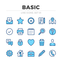 Basic vector line icons set. Thin line design. Outline graphic elements, simple stroke symbols. Basic icons