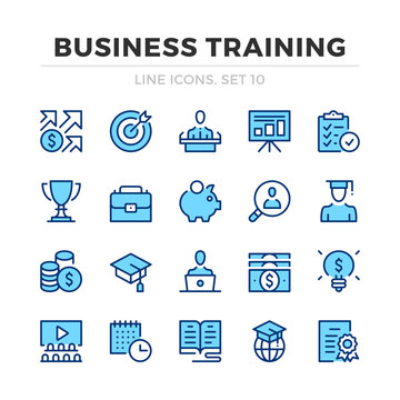 Business training vector line icons set. Thin line design. Outline graphic elements, simple stroke symbols. Business training icons