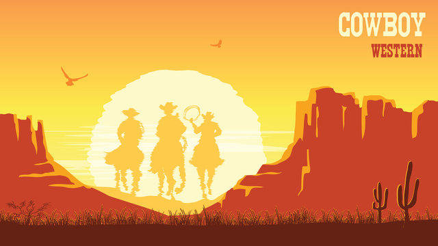 Cowboys silhouette riding horses at sunset. Vector prairie landscape with sun and canyon