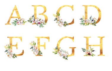 Naklejka premium Collection romantic gold letters with drawn watercolor flowers. Elegant emblem for book design, brand name, wedding invitation thanks card