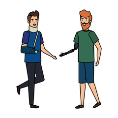 Fototapeta premium man helping person with orthopedic collar and plastered arm
