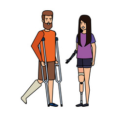 man in crutches with woman with prosthesis
