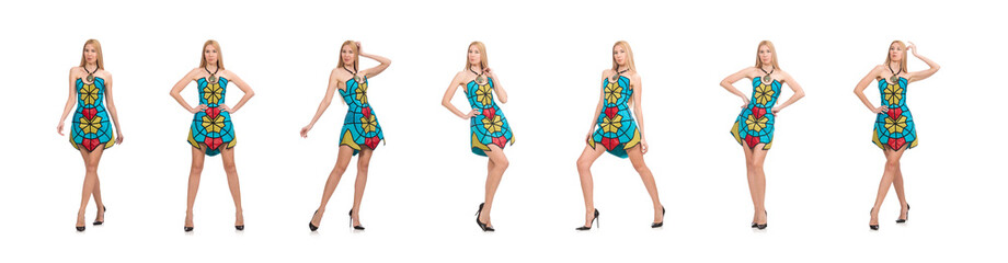 Woman in vivid strapless dress isolated on white