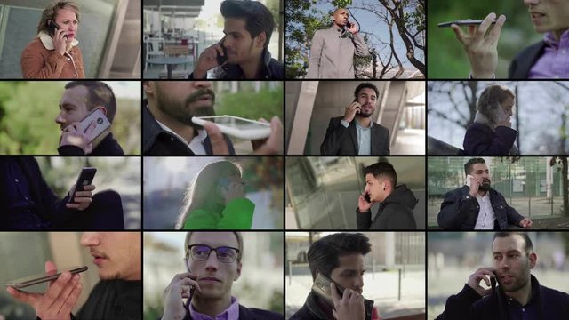 Collage of people of different races and professions talking on phone outside. Lifestyle, communication concept
