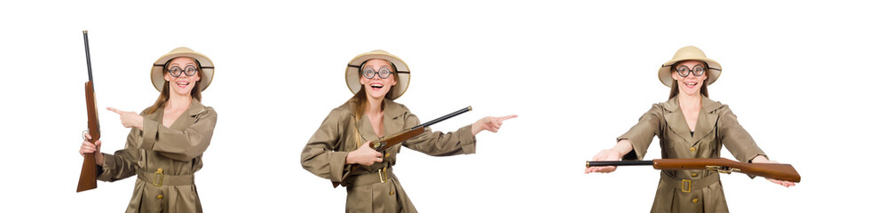 Woman wearing safari hat on white