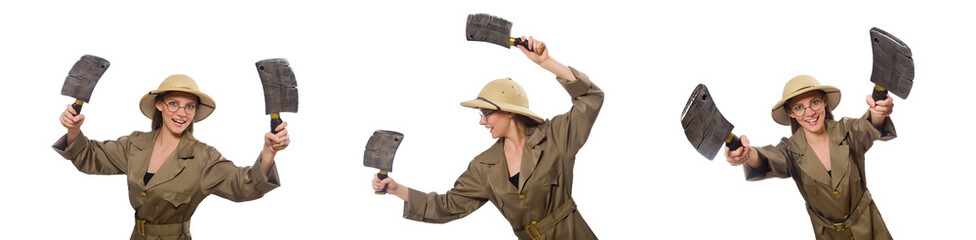 Woman wearing safari hat on white