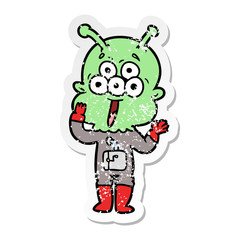 distressed sticker of a happy cartoon alien
