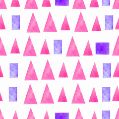 Seamless hand drawn watercolor pattern with pink and violet gradient triangles,rectangles and square.Abstract geometric background. Watercolor texture with colored triangle,rectangle and square.
