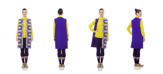 Pretty caucasian model in purple vest isolated on white