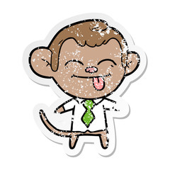 distressed sticker of a funny cartoon monkey wearing shirt and tie