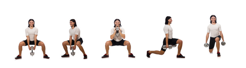 Man exercising with dumbbels isolated on white