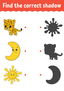 Find the correct shadow. Draw a line. Education developing worksheet. Game for kids. Activity page. Puzzle for children. Riddle for preschool. Isolated vector illustration. Cartoon style.