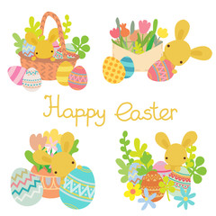 Vector flat rabbit with Easter eggs, flowers set