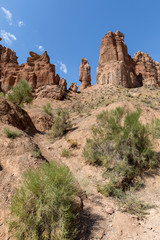 Views within the Charyn Canyon to the reddish sandstone cliffs. The canyon is also called valley of castles and is located east of Almaty in Kazakhstan.