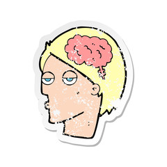 retro distressed sticker of a cartoon head with brain symbol