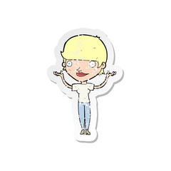 retro distressed sticker of a cartoon woman holding arms in air
