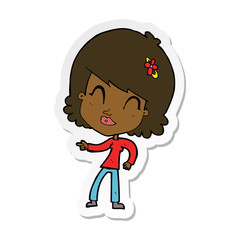 sticker of a cartoon happy woman pointing