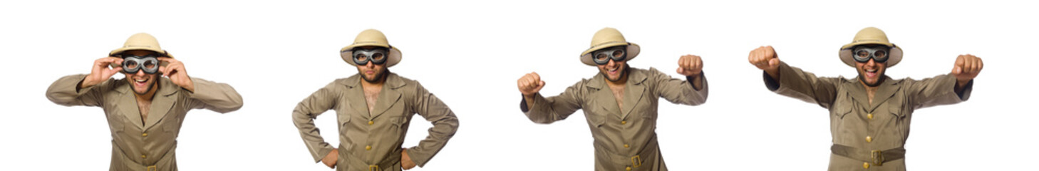 Man in safari hat with goggles on white