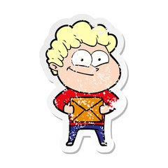 distressed sticker of a cartoon happy man