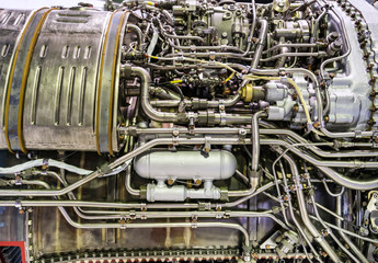 Engine of fighter jet, internal structure with hydraulic. Fuel pipes and other hardware equipment of army aviation and aerospace industry