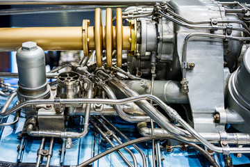 Engine of fighter jet, internal structure with hydraulic. Fuel pipes and other hardware equipment of army aviation and aerospace industry - obrazy, fototapety, plakaty