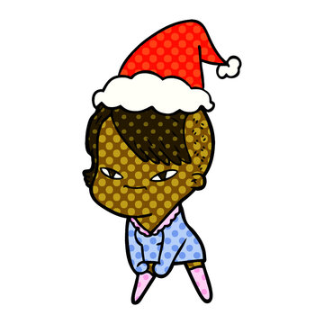 cute comic book style illustration of a girl with hipster haircut wearing santa hat