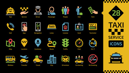 Vector taxi cab car service color icon set on a black background with motor transport, driver, passenger on travel, people and city traffic flat colorful silhouette sign.