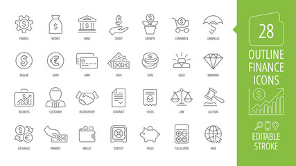 Vector business and finance editable stroke line icon set with money, bank, check, law, auction, exchance, payment, wallet, deposit, piggy, calculator, web and more isolated outline thin symbol.