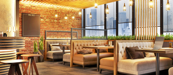 Modern cafe design interior with a brick wall. Loft design. Coffee shop, cafe.