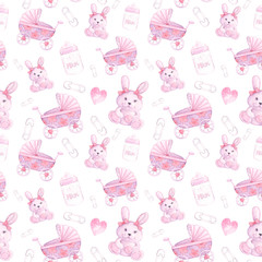 pattern for girls with bunnies, stroller, bottle, pin, heart