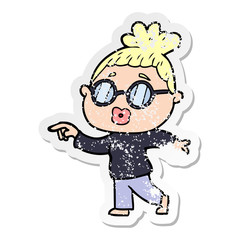 distressed sticker of a cartoon woman wearing spectacles