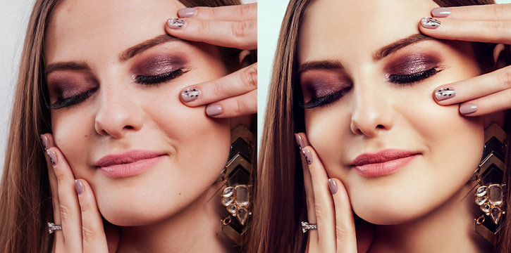 Before and after retouching in editor. Side by side beauty portraits of woman with makeup and manicure edited