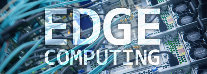 Web site header. EDGE computing, internet and modern technology concept on modern server room background