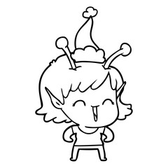 line drawing of a alien girl laughing wearing santa hat