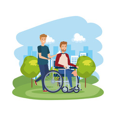 young man in wheelchair with male helper