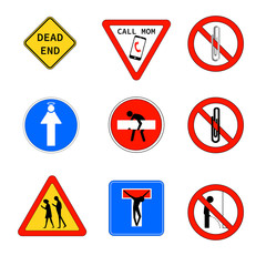 Road signs in funny style. Group of isolated road signs in funny style.  Additional elements causing laughter and fun. Colorful vector illustration in flat style.