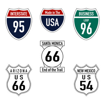 Road signs in USA. Group of isolated US road signs. State names and road numbers. Colorful vector illustration in flat style.