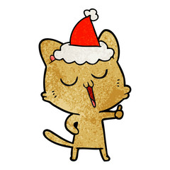 textured cartoon of a cat singing wearing santa hat