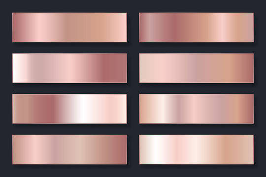 Collection of backgrounds with a metallic gradient. Brilliant plates with rose gold effect. Vector illustration